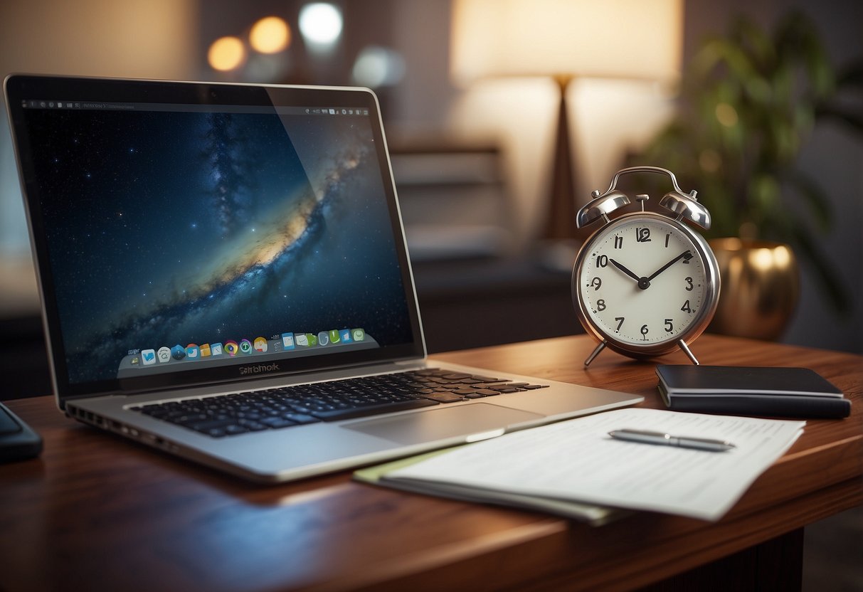 A desk with a laptop, pen, and paper. A clock on the wall shows 20:20. A serene and focused atmosphere