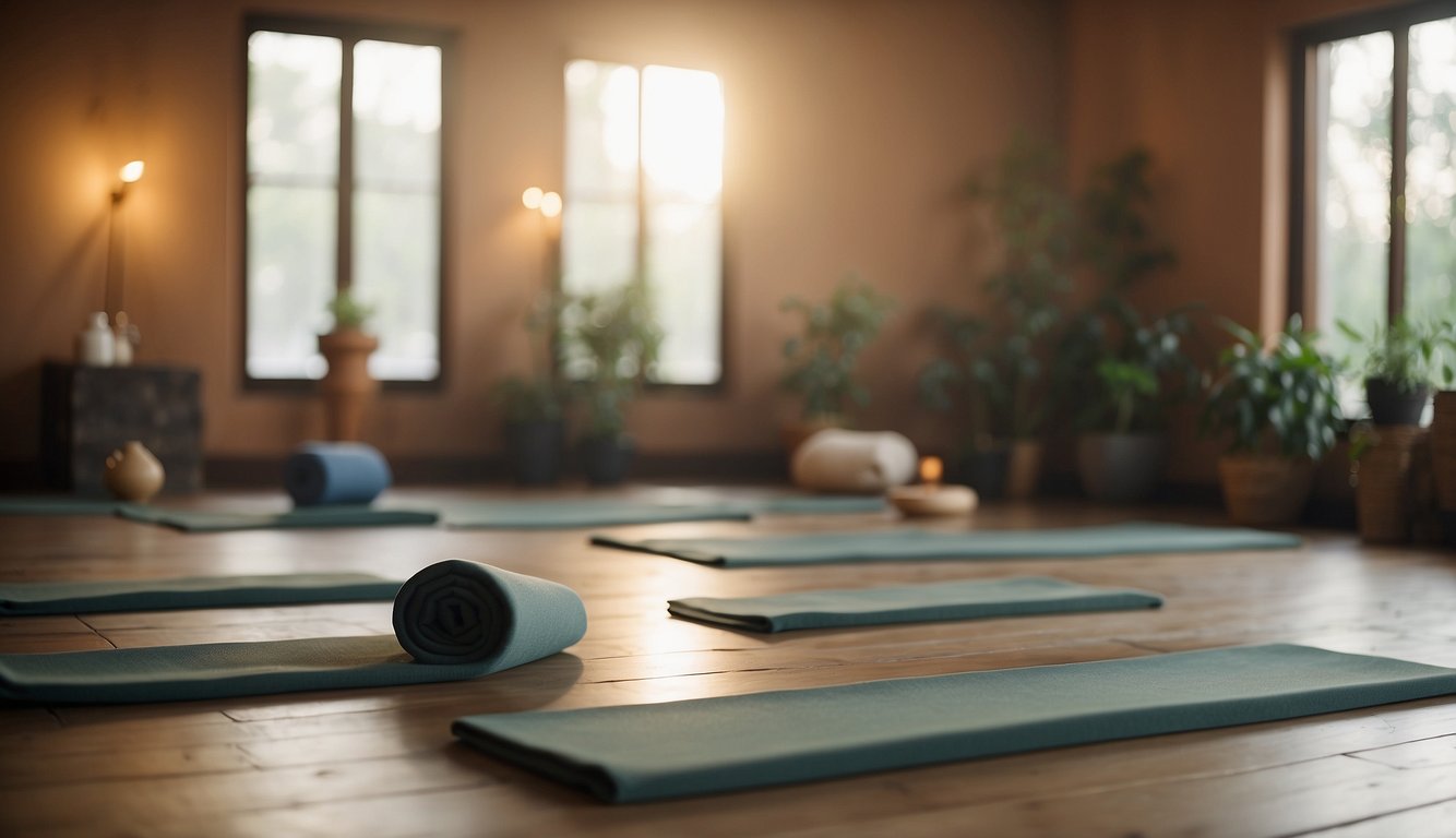 A serene yoga studio with soft lighting, incense burning, and a peaceful atmosphere. Mats are laid out in a spacious, open area, ready for a Vinyasa Flow practice