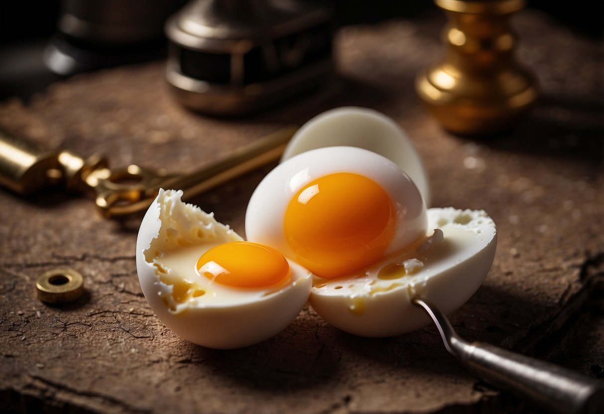 A cracked egg with two yolks, surrounded by scientific equipment and spiritual symbols