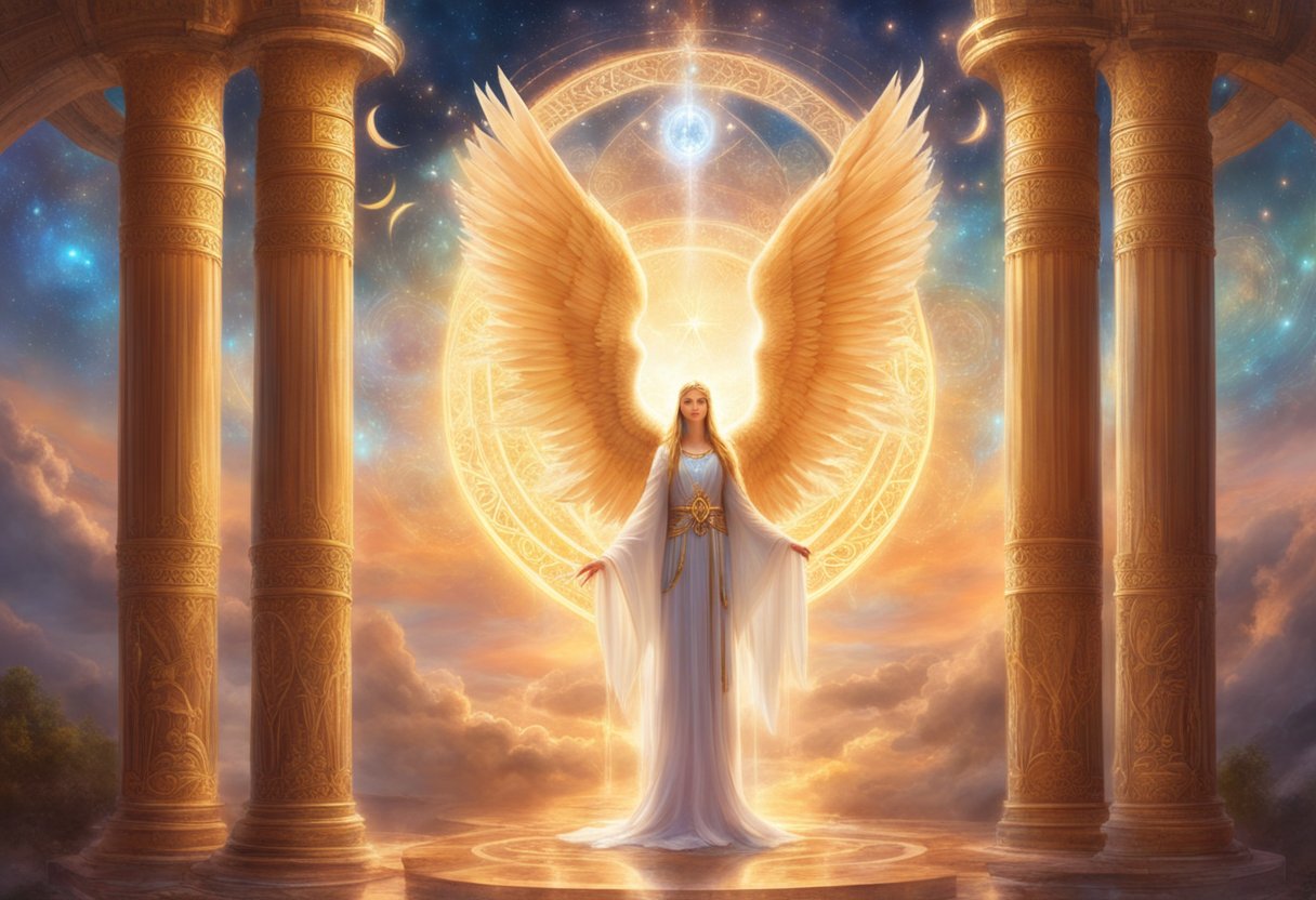 A glowing angelic figure stands between two pillars, surrounded by celestial symbols and the numbers 5151, radiating a sense of guidance and protection