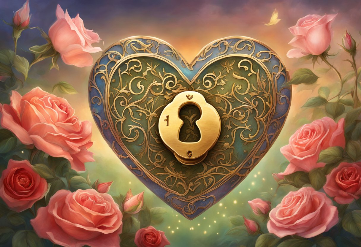 A heart-shaped lock with the numbers 5151 engraved on it, surrounded by blooming roses and intertwined with delicate vines