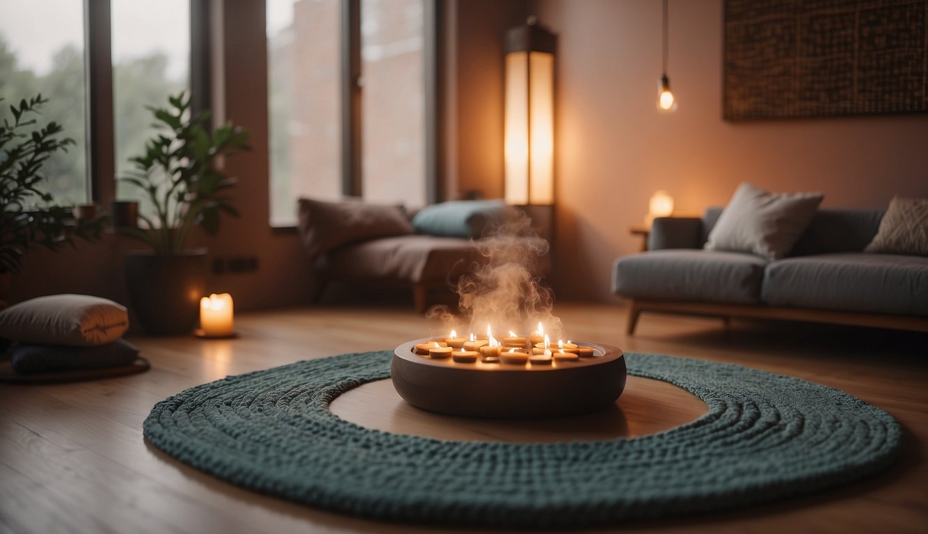 A serene room with soft lighting, yoga mats, and cushions arranged in a circle. Incense wafts through the air, creating a peaceful atmosphere for silent meditation