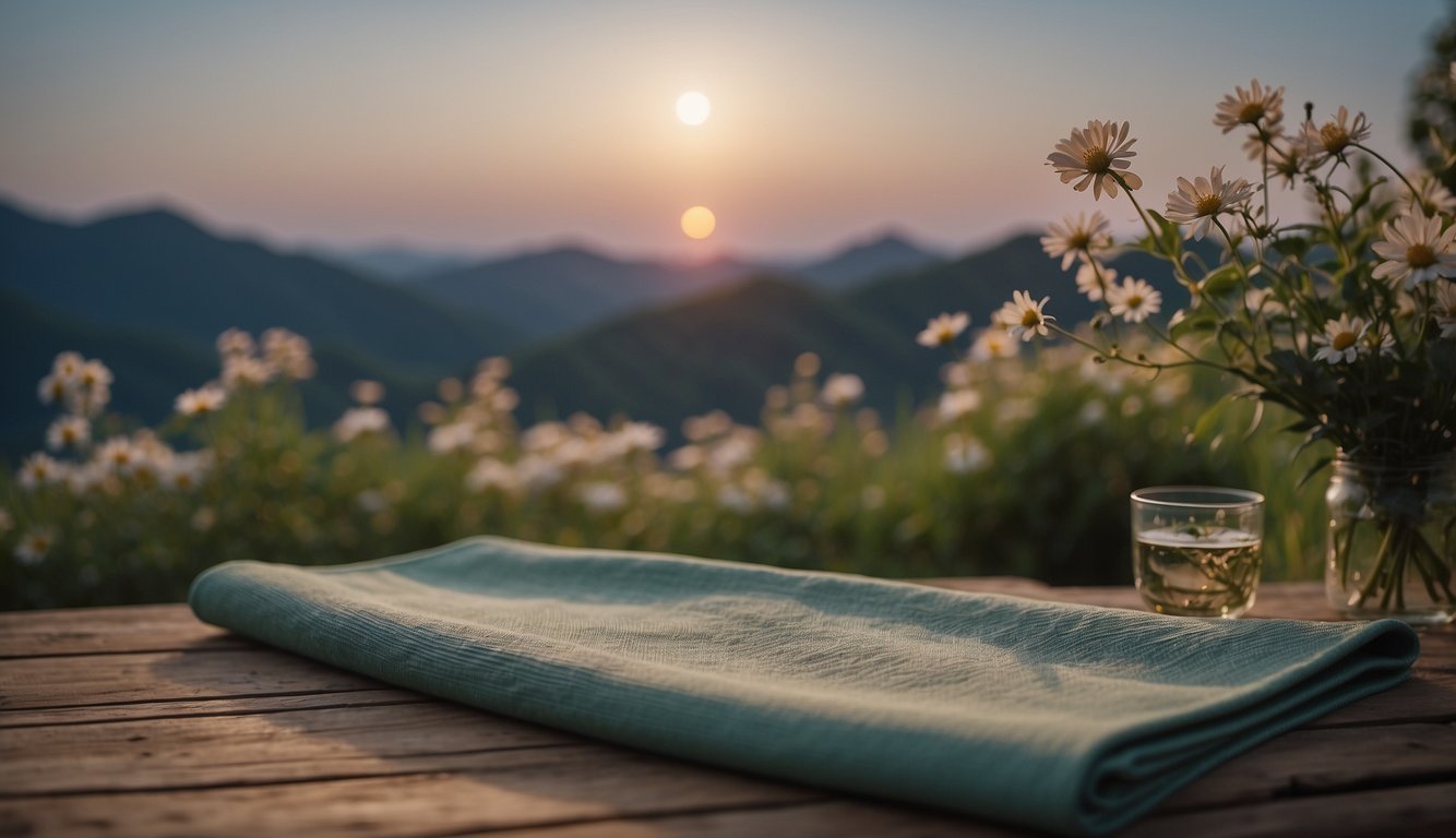 The moon rises over a tranquil landscape, casting a soft glow on a serene yoga mat surrounded by lush greenery and blooming flowers