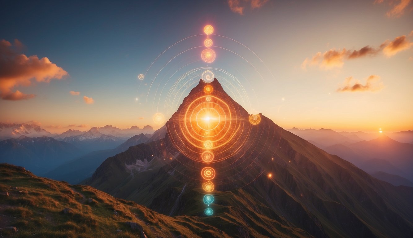 A serene mountain peak at sunrise, surrounded by vibrant, swirling energy. Seven glowing chakras align along the spine, radiating light and harmony