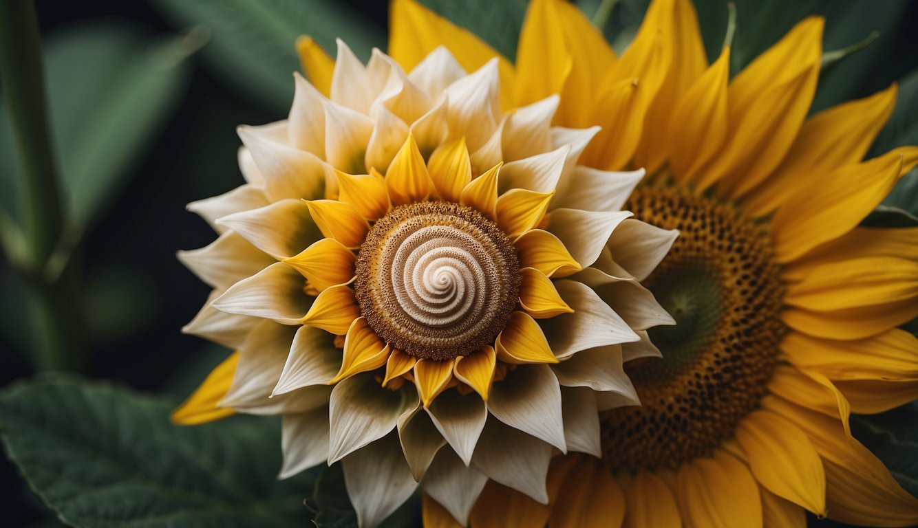 A spiral seashell nestled within a sunflower, surrounded by overlapping circles and triangles, all radiating from a central point