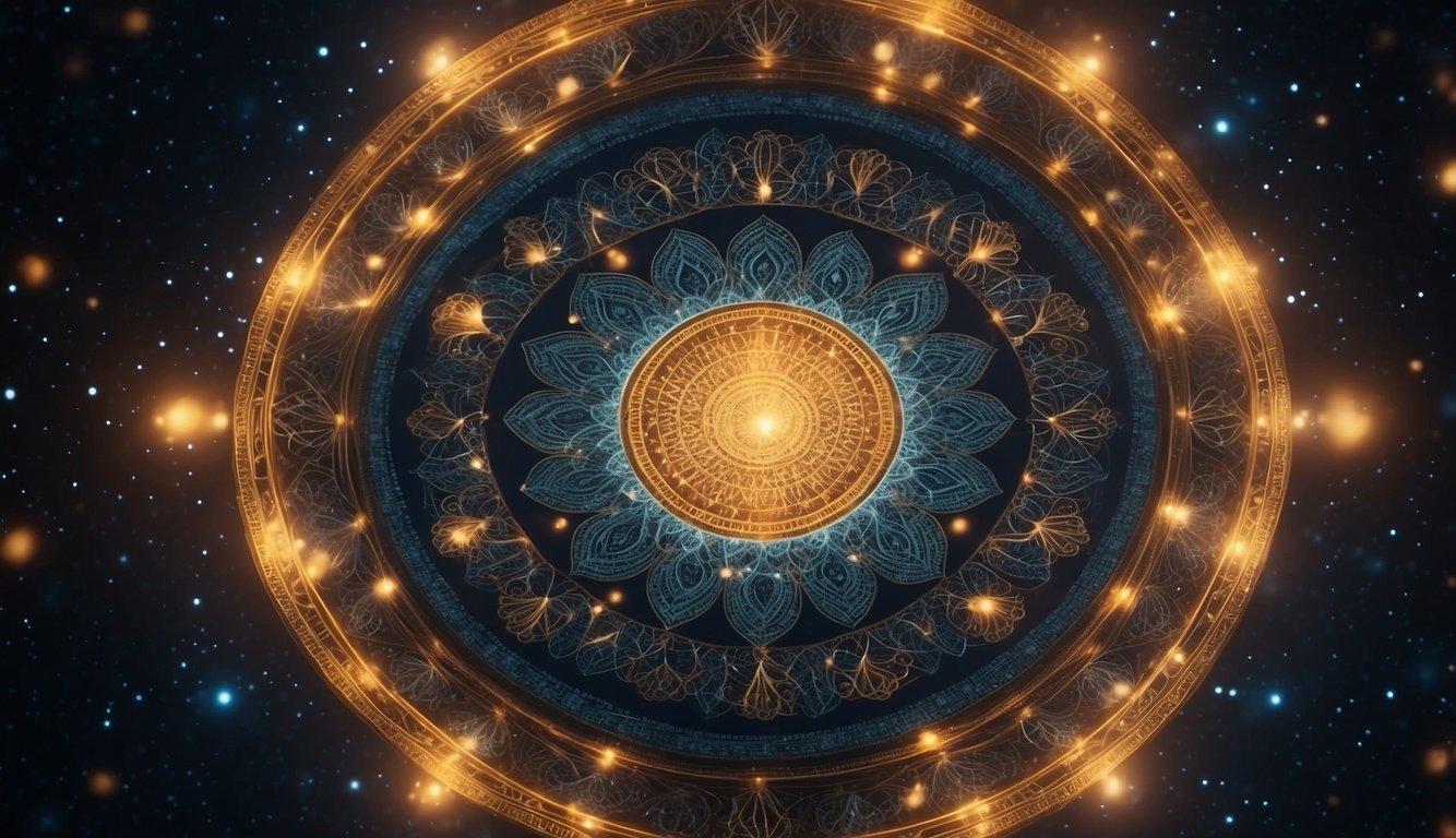 A glowing mandala floats in space, surrounded by intricate geometric patterns and symbols, radiating a sense of cosmic harmony and interconnectedness