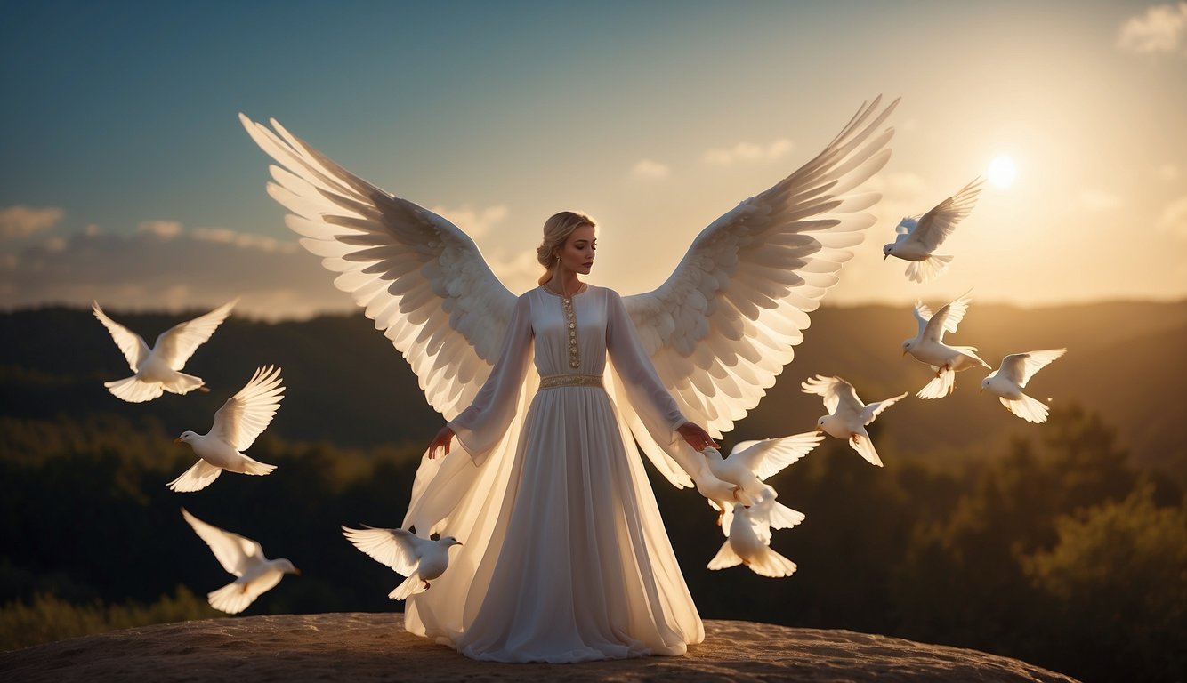 A glowing angelic figure surrounded by nine doves, with the number 936 shimmering in the sky