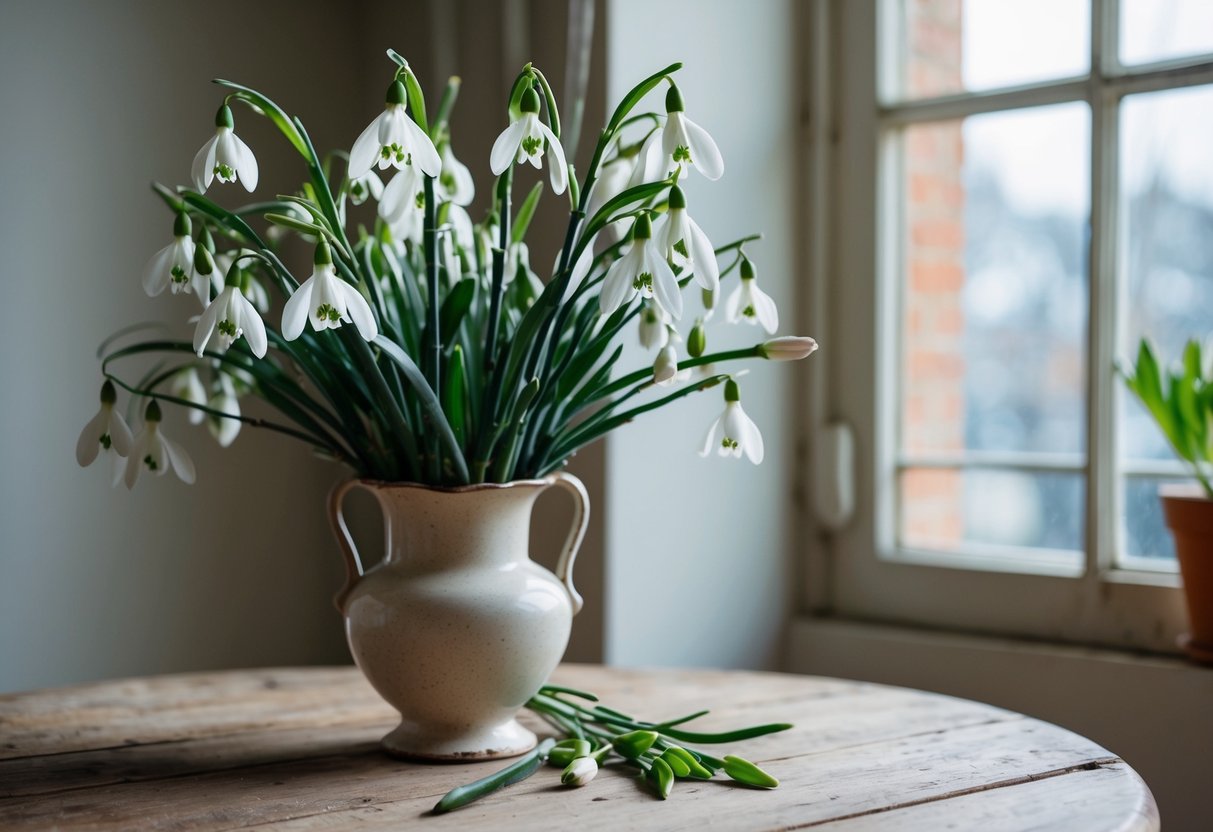 A bouquet of carnations and snowdrops in a vintage vase on a rustic wooden table, with soft natural light filtering through a nearby window