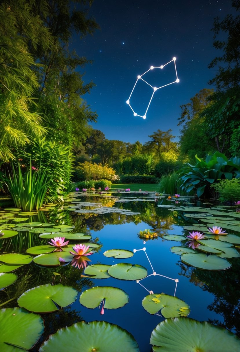 A serene pond with vibrant water lilies floating on the surface, surrounded by lush green foliage and reflecting the Pisces constellation in the night sky