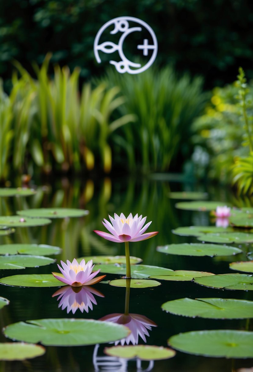 A tranquil pond with water lilies floating on the surface, surrounded by lush greenery and the Pisces zodiac symbol hovering above