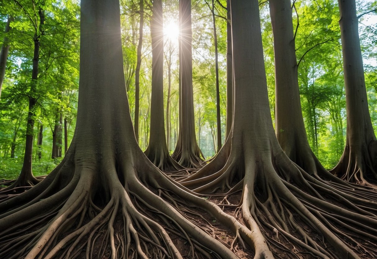 A group of trees interconnected by their roots, creating a web-like network in a lush forest. Sunlight filters through the canopy, illuminating the interconnectedness of the natural world