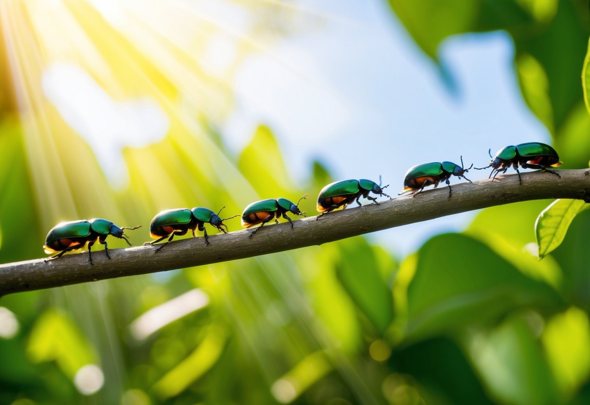 A group of beetles crawling along a branch with rays of sunlight shining down on them, surrounded by lush green foliage