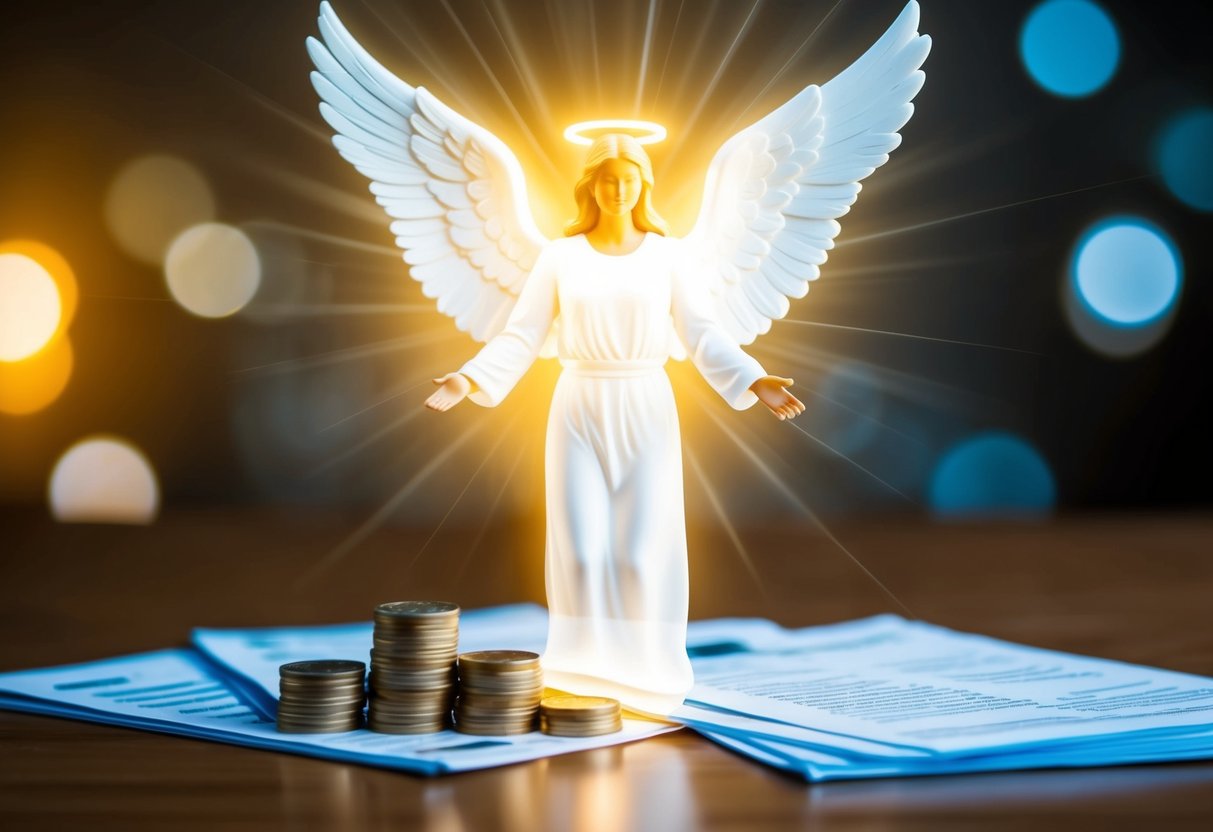 A glowing angelic figure hovers over a stack of coins and financial documents, radiating a sense of guidance and prosperity