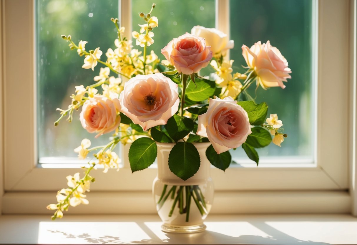 A vase of blooming roses and honeysuckle on a windowsill. Sunlight streams in, casting a warm glow on the delicate petals