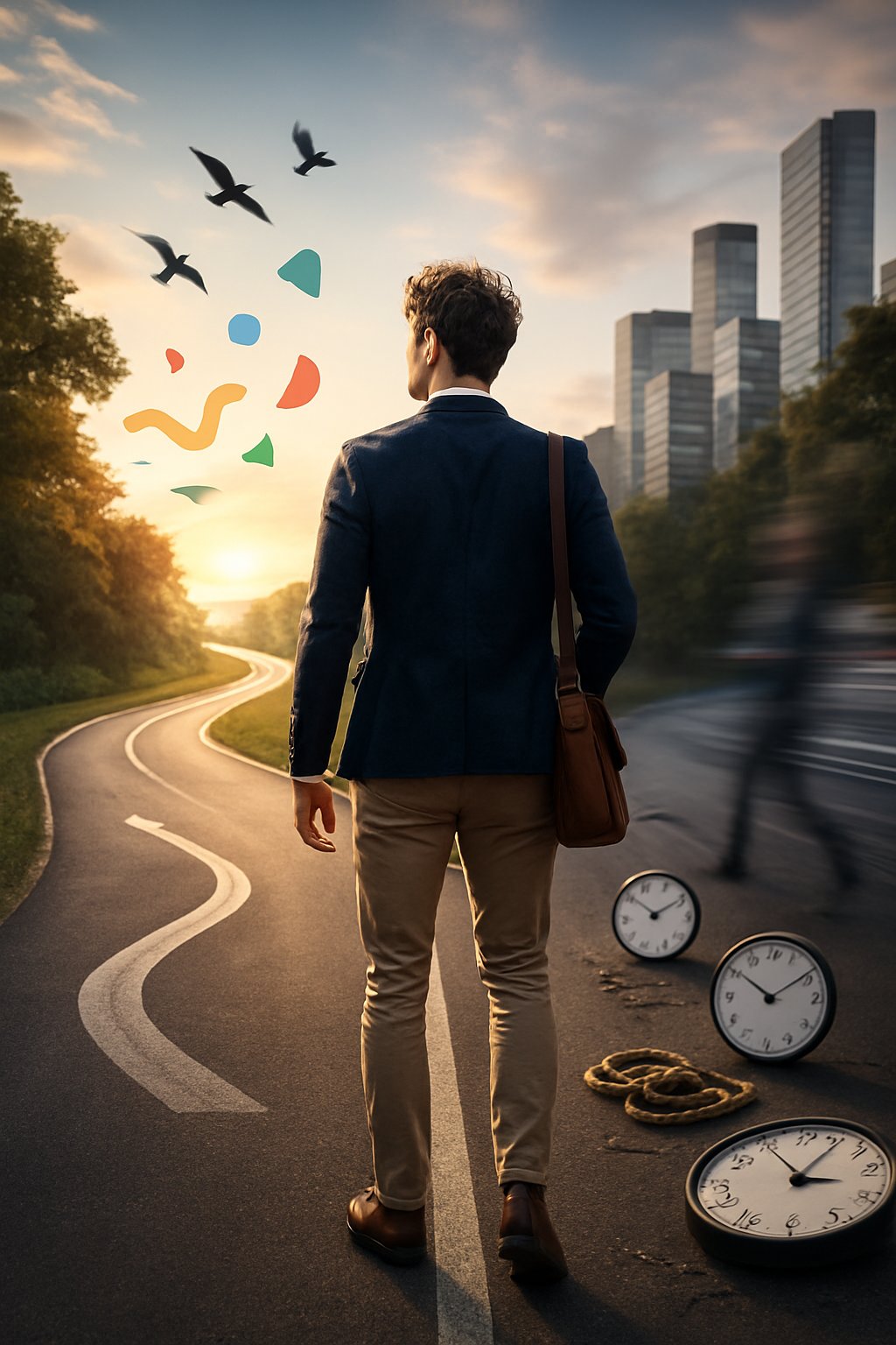 A person standing at a crossroads in a city, with one path bright and open symbolizing freedom and adventure, and the other path shadowed with symbols of challenges.