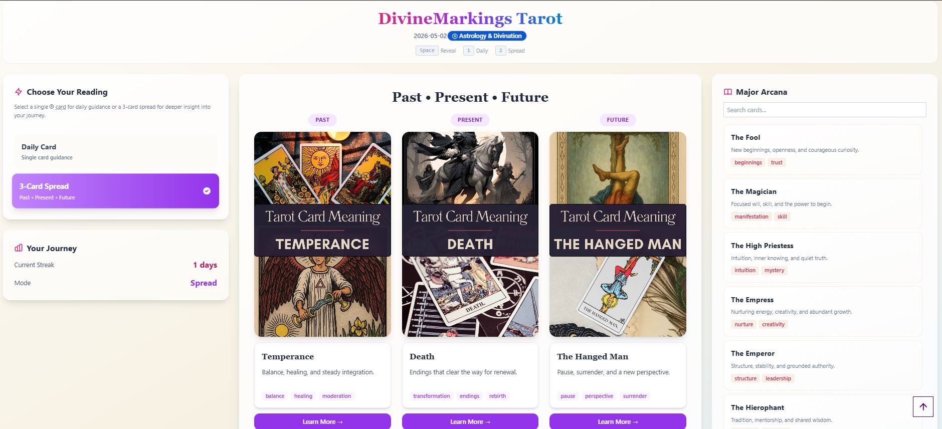 Preview of the DivineMarkings Tarot Card of the Day page showing The Sun tarot card
